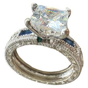 Large Princess Cut CZ Ring with Blue Accent Stones – Size 8 Bold Glam Look